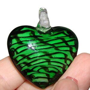 Heart Shaped Lampwork Glass Art Pendant Charm Necklace Green Black Swirl Design